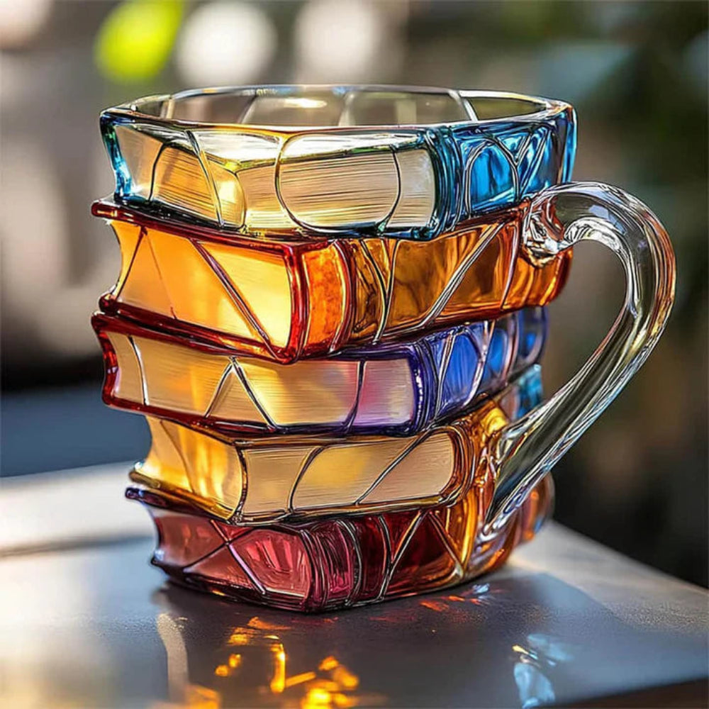 3D Book Stack Glass Coffee Mug – Literary Gift Cup