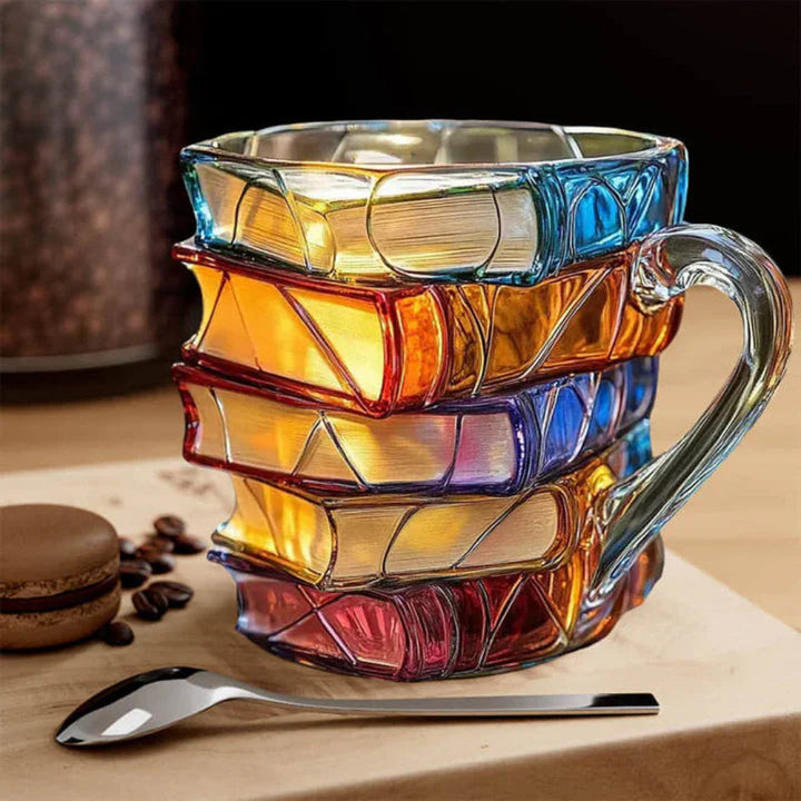 3D Book Stack Glass Coffee Mug – Literary Gift Cup