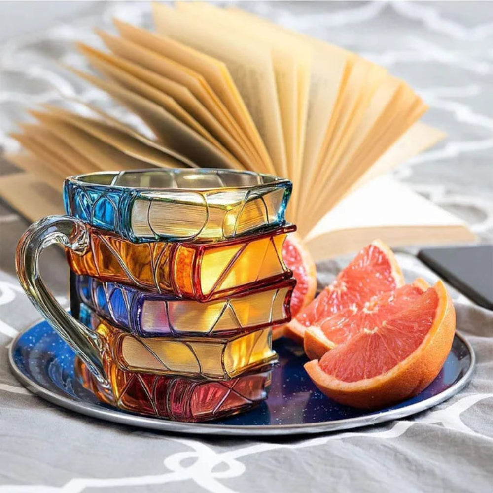 3D Book Stack Glass Coffee Mug – Literary Gift Cup