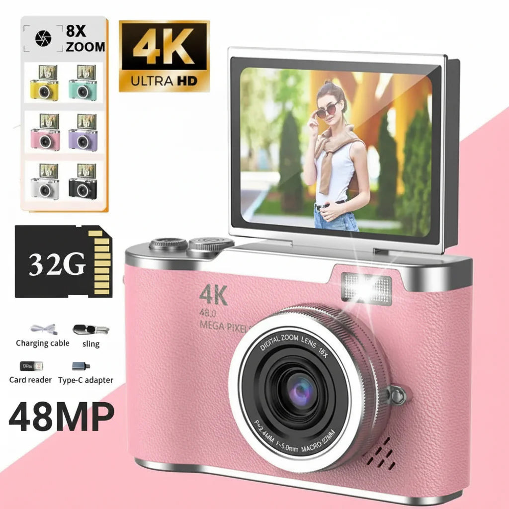 4K Digital Camera – 48MP Flip Screen with 8X Zoom