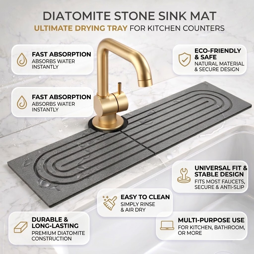Diatomite Stone Sink Mat – Fast-Drying Faucet Splash Tray