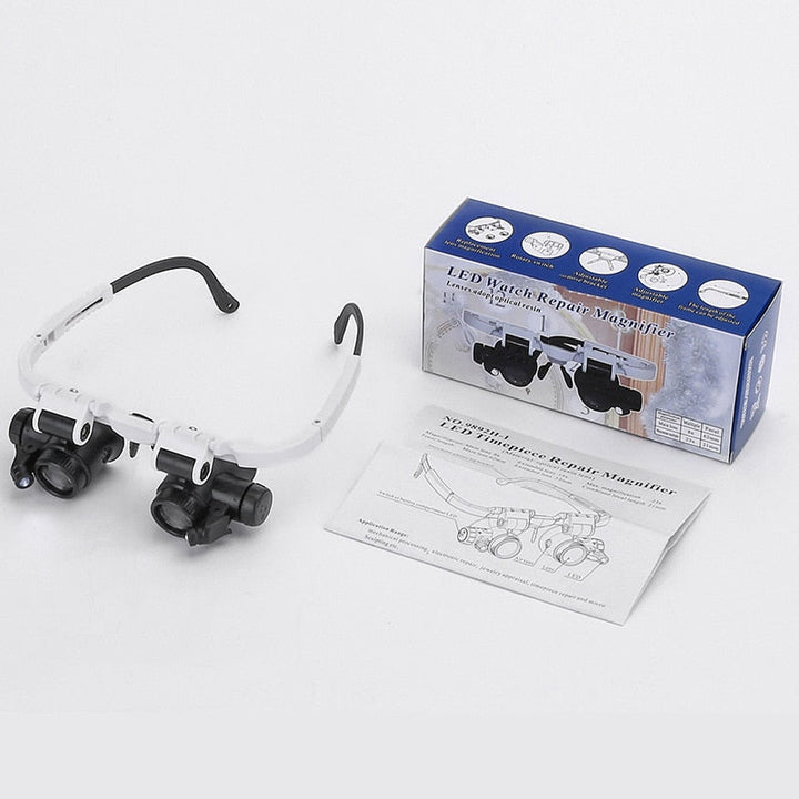 Adjustable LED magnifying glasses with 8x, 15x and 23x magnification for hobbies and precision work