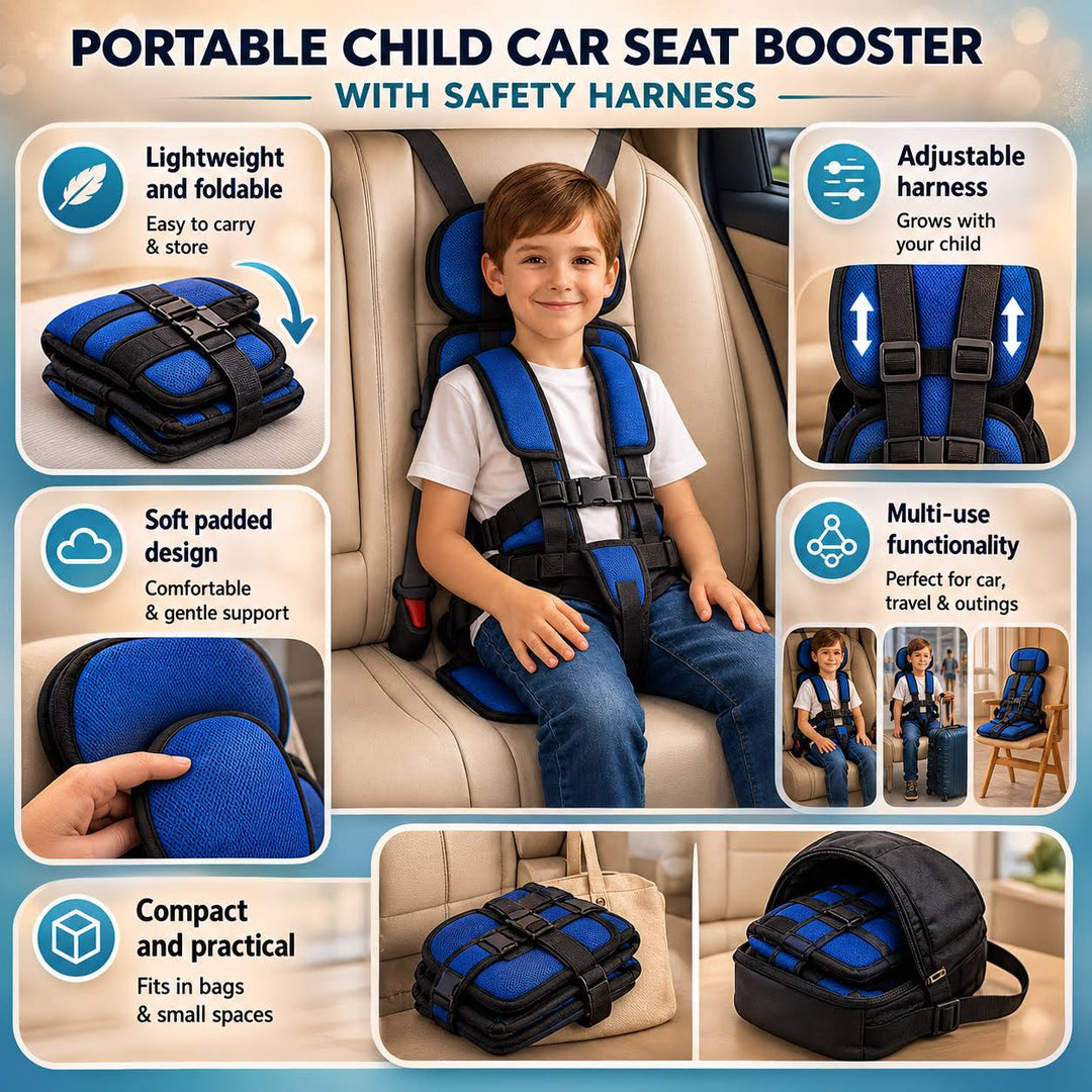 Portable Car Seat Booster – Foldable Travel Seat with Harness