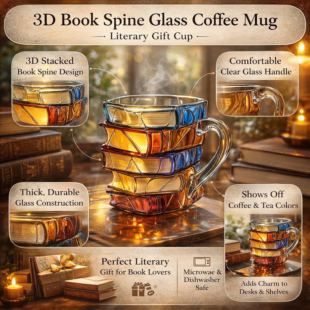3D Book Stack Glass Coffee Mug – Literary Gift Cup