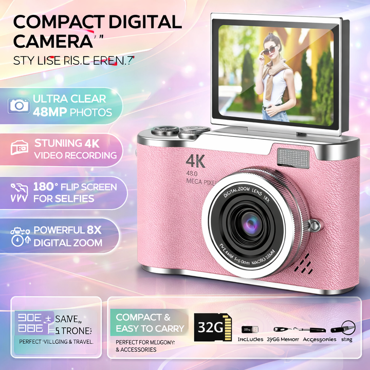4K Digital Camera – 48MP Flip Screen with 8X Zoom