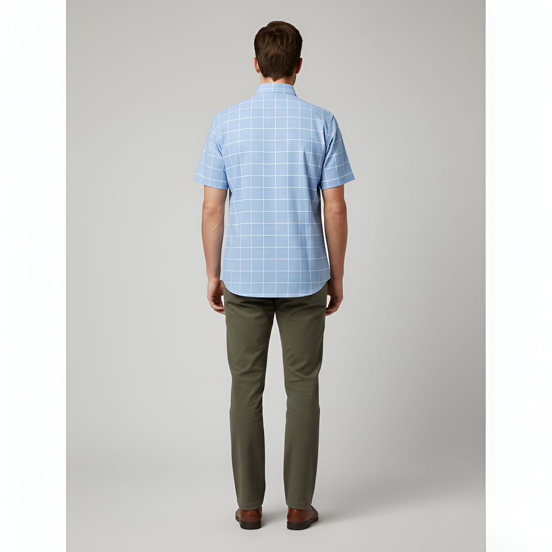 Men's Short Sleeve Check Pattern Button-Down Shirt
