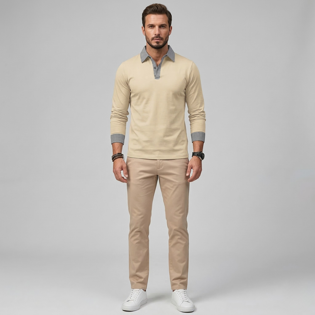 Men's Long Sleeve Polo Shirt with Contrast Collar