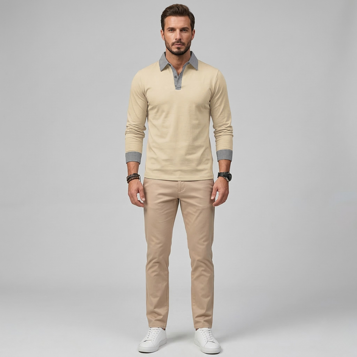 Men's Long Sleeve Polo Shirt with Contrast Collar