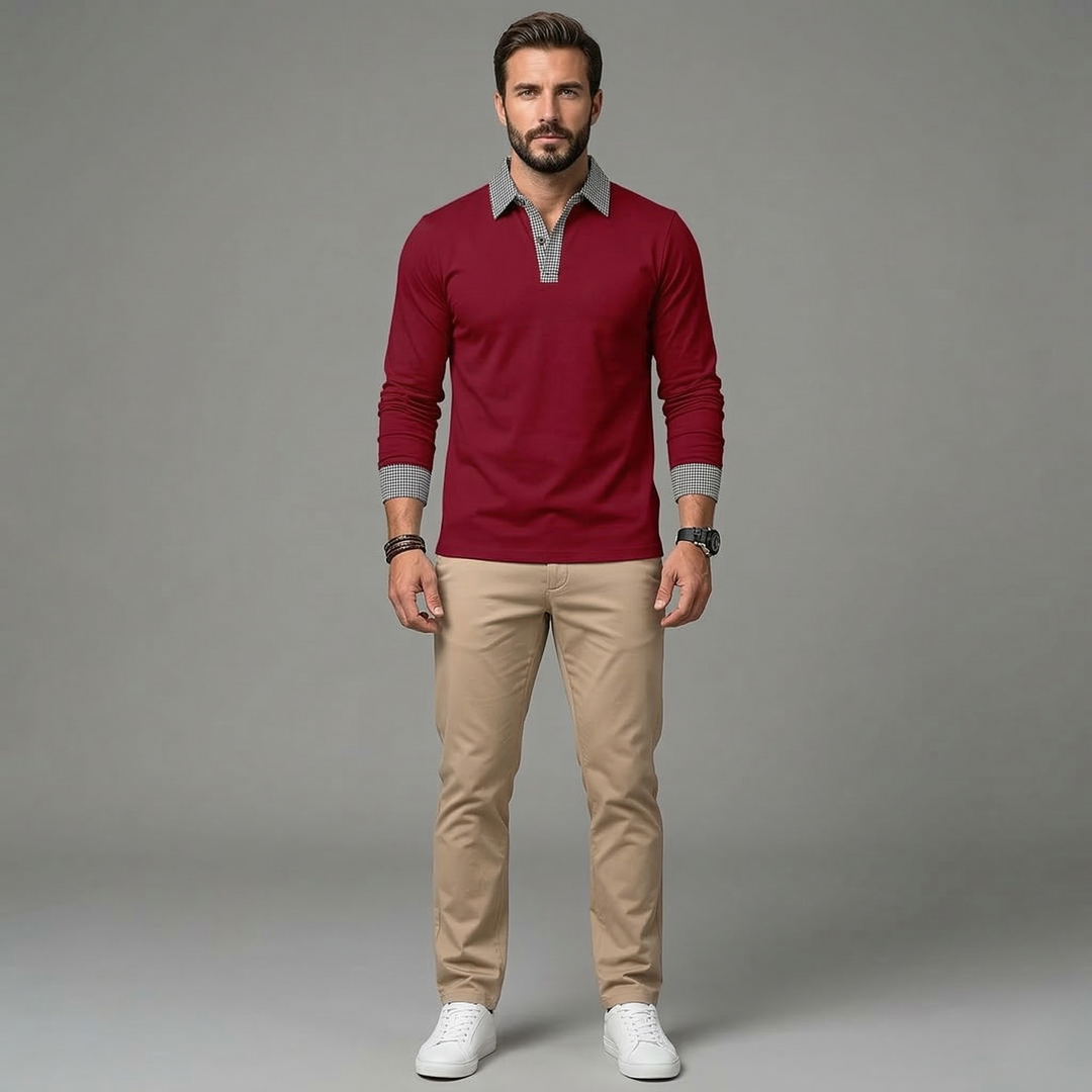 Men's Long Sleeve Polo Shirt with Contrast Collar
