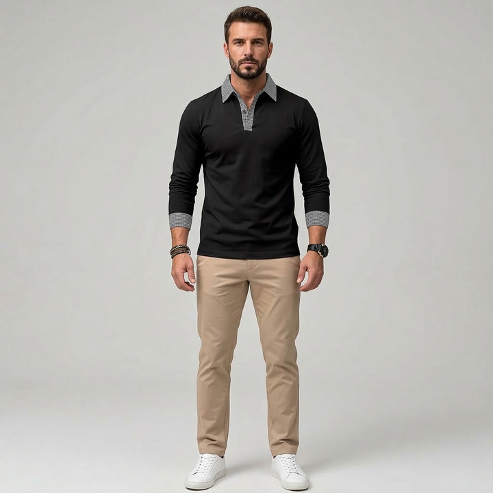 Men's Long Sleeve Polo Shirt with Contrast Collar