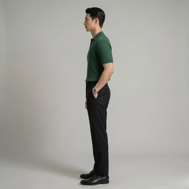Men's Ribbed Knit Polo Shirt with Button Placket