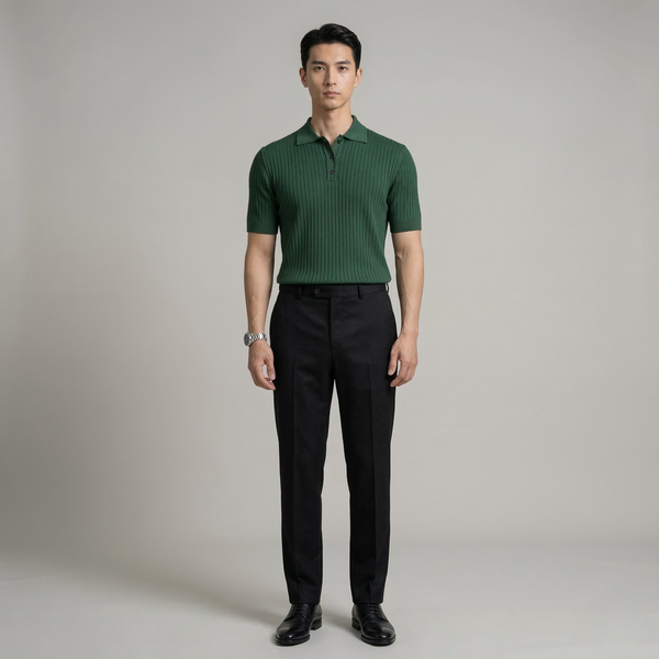 Men's Ribbed Knit Polo Shirt with Button Placket