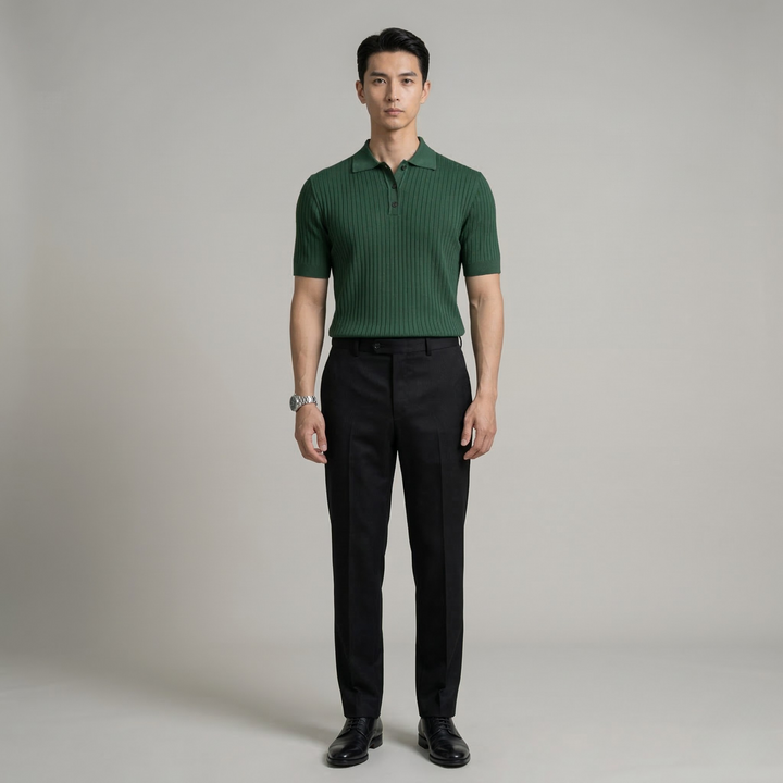 Men's Ribbed Knit Polo Shirt with Button Placket