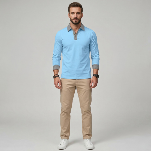 Men's Long Sleeve Polo Shirt with Contrast Collar