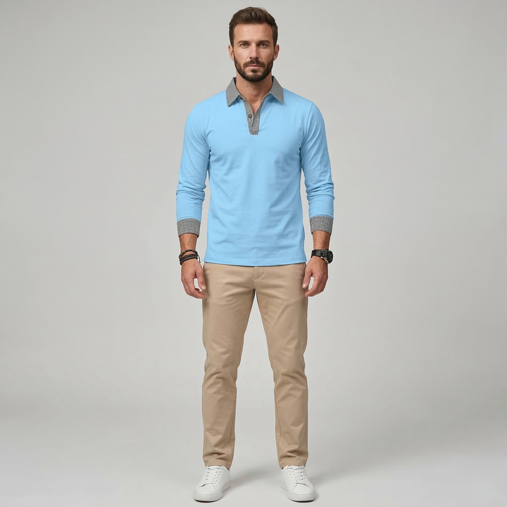 Men's Long Sleeve Polo Shirt with Contrast Collar