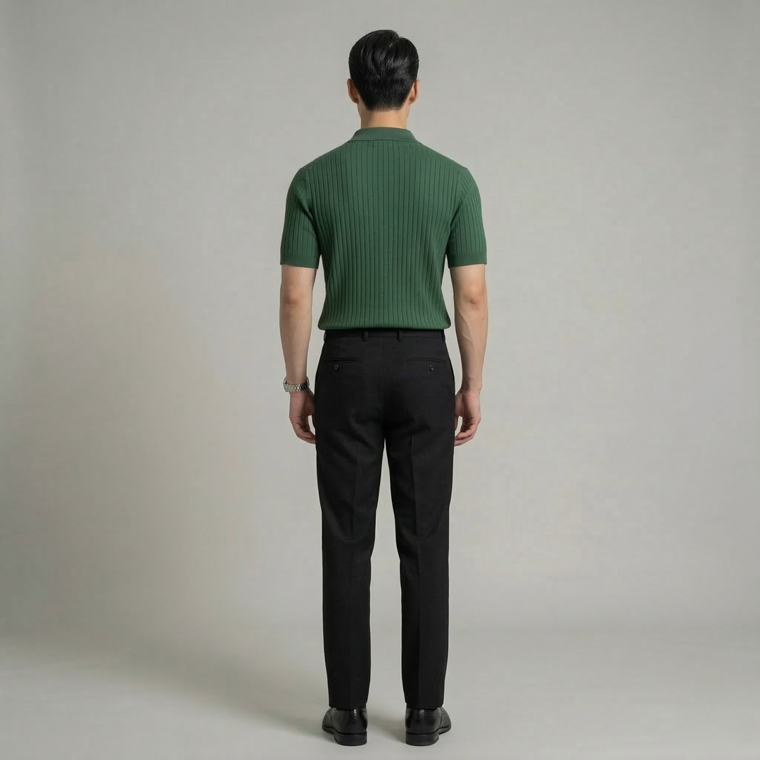 Men's Ribbed Knit Polo Shirt with Button Placket