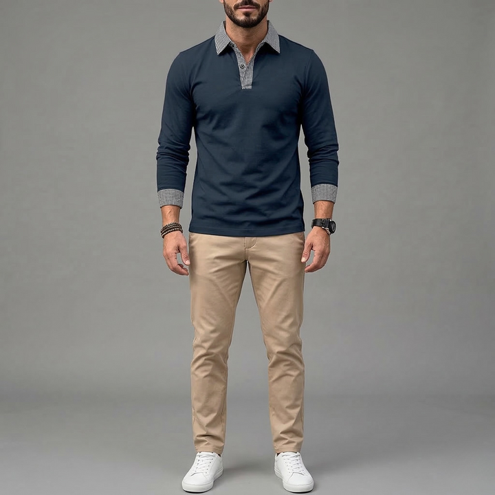 Men's Long Sleeve Polo Shirt with Contrast Collar