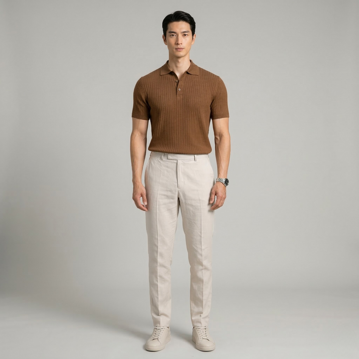 Men's Ribbed Knit Polo Shirt with Button Placket