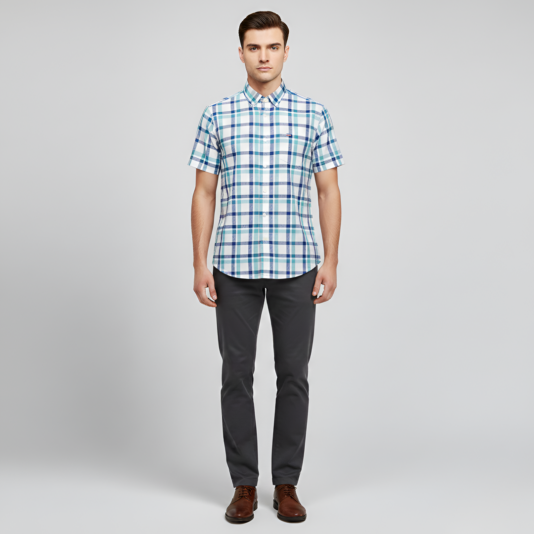 Men's Short Sleeve Check Pattern Button-Down Shirt