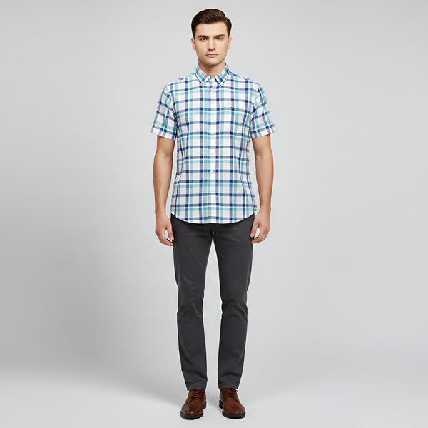 Men's Short Sleeve Check Pattern Button-Down Shirt