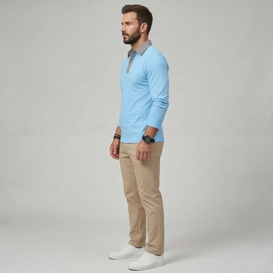 Men's Long Sleeve Polo Shirt with Contrast Collar