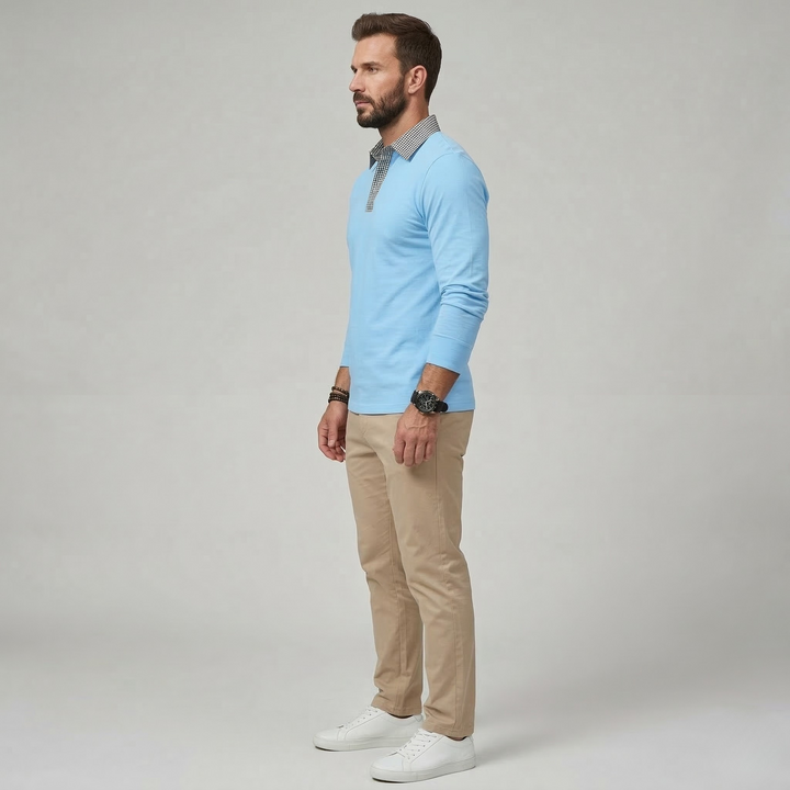 Men's Long Sleeve Polo Shirt with Contrast Collar