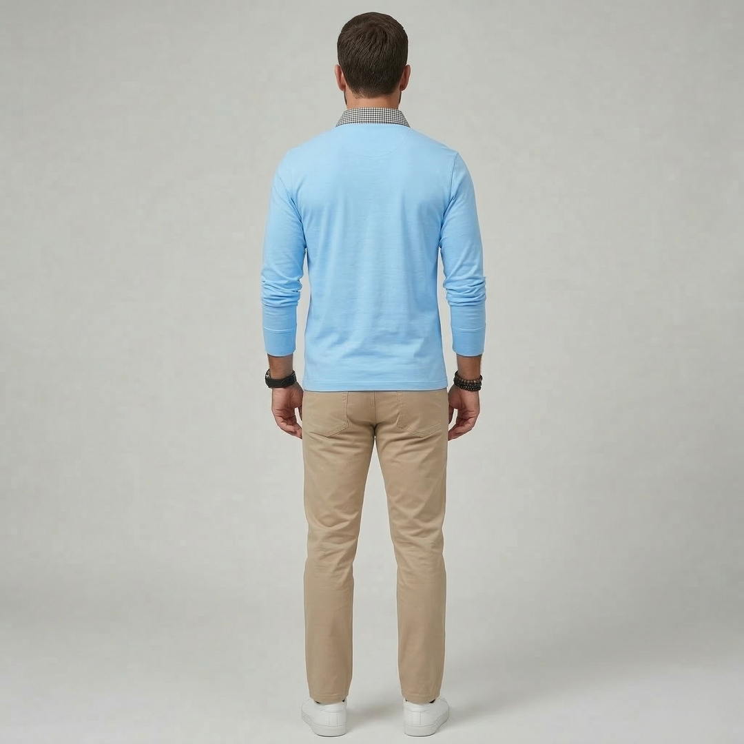 Men's Long Sleeve Polo Shirt with Contrast Collar