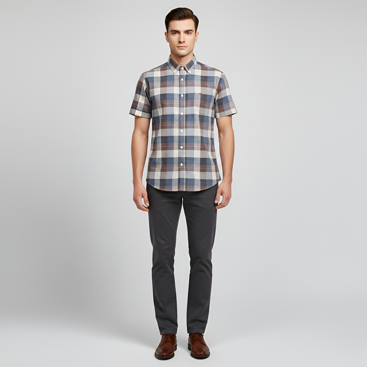 Men's Short Sleeve Check Pattern Button-Down Shirt