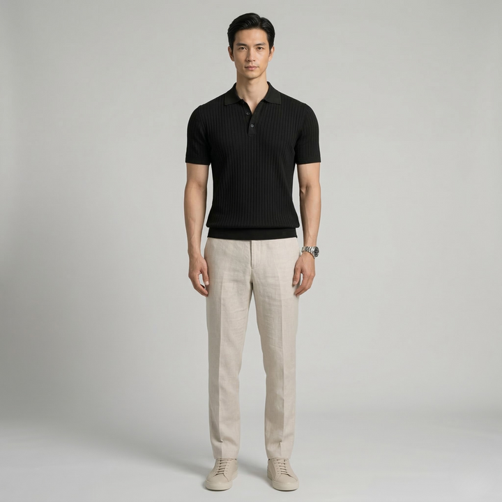 Men's Ribbed Knit Polo Shirt with Button Placket