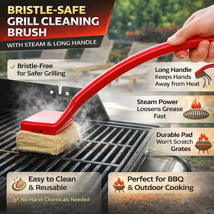 Grill Cleaning Brush Steam Scrub Tool Long Handle Design