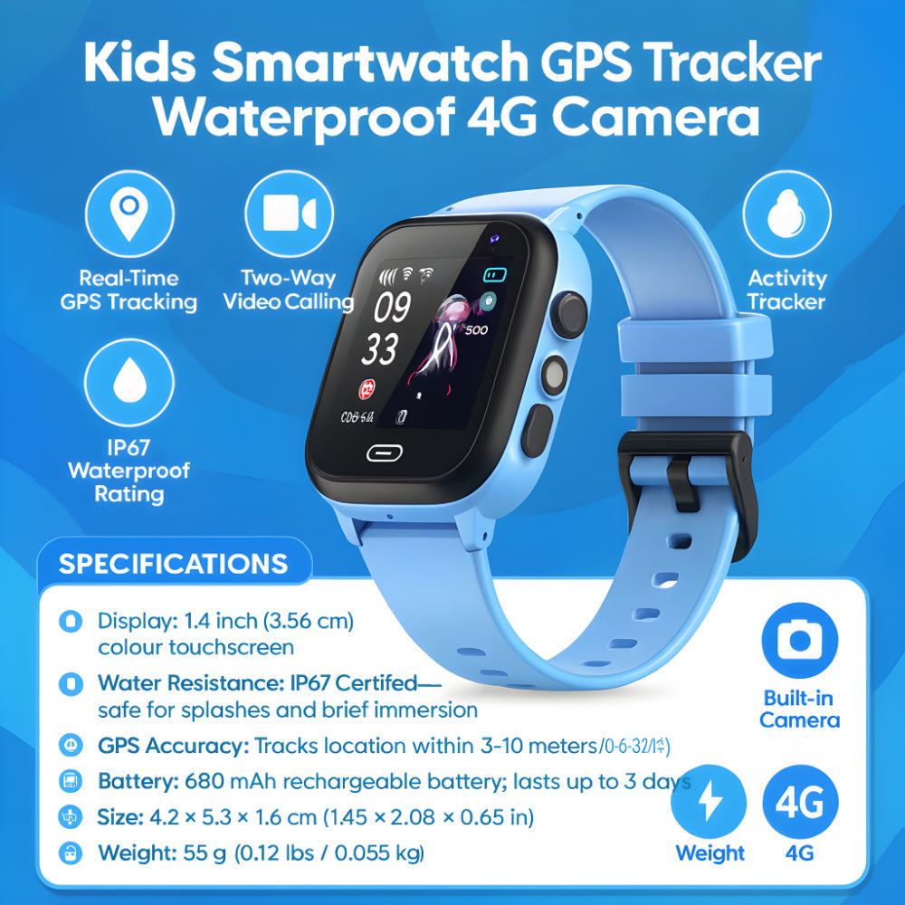 Kids GPS Smartwatch – 4G SIM Camera IP67 Waterproof Activity Tracker