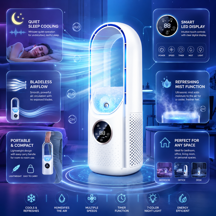 Portable Bladeless Air Conditioner – Quiet Compact & Sleep Mode Timer