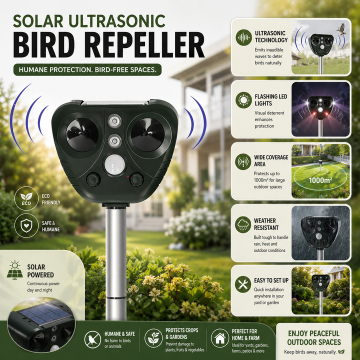 Solar Ultrasonic Bird Repeller – Outdoor Garden Pest Control