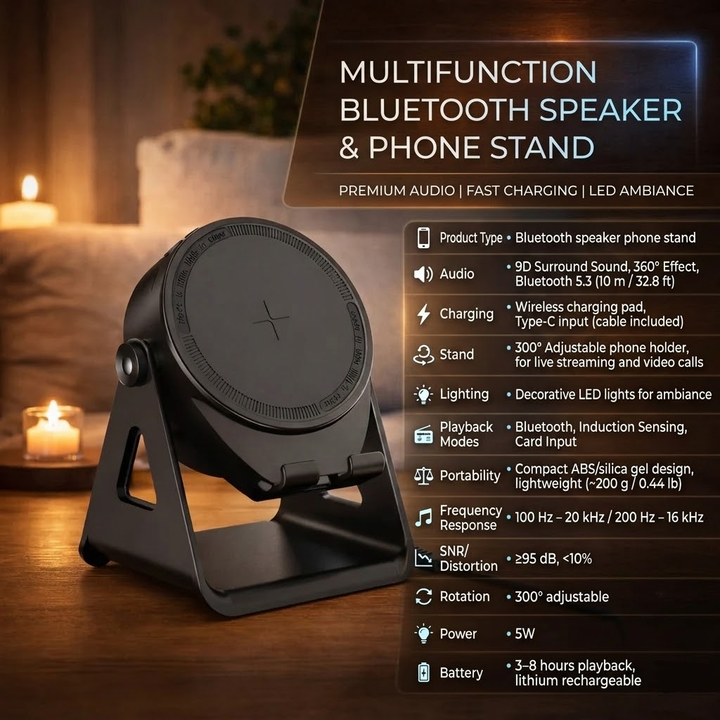 Bluetooth Speaker Phone Stand – Wireless Charger with LED