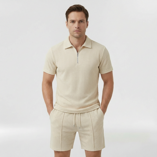 Men's Half-Zip Polo and Shorts Co-Ord Set in Waffle Knit