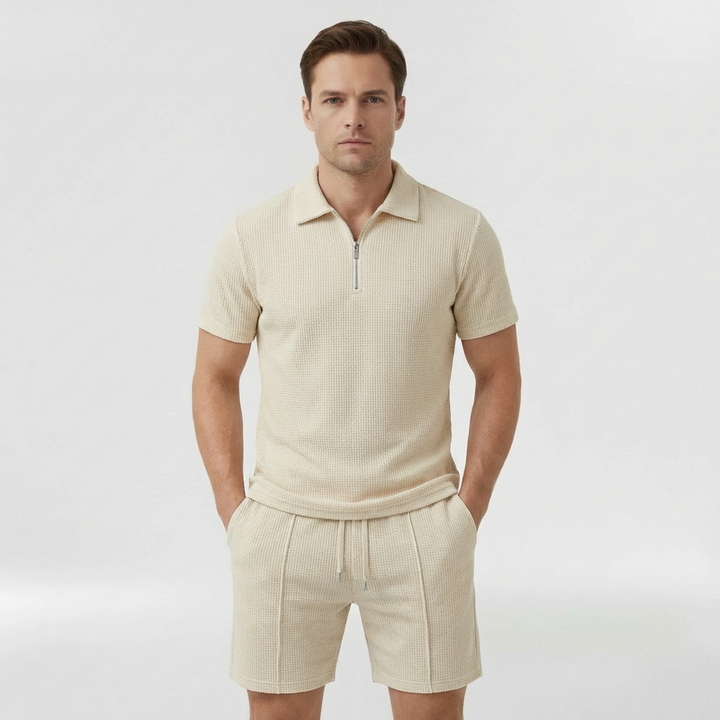 Men's Half-Zip Polo and Shorts Co-Ord Set in Waffle Knit