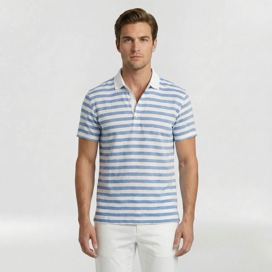 Men's Striped Short Sleeve Polo Shirt with Open Collar