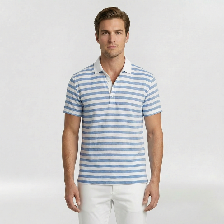 Men's Striped Short Sleeve Polo Shirt with Open Collar