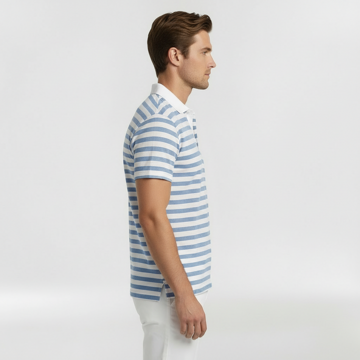 Men's Striped Short Sleeve Polo Shirt with Open Collar