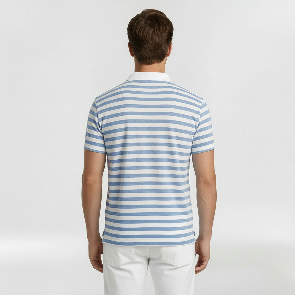 Men's Striped Short Sleeve Polo Shirt with Open Collar