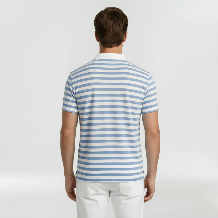Men's Striped Short Sleeve Polo Shirt with Open Collar