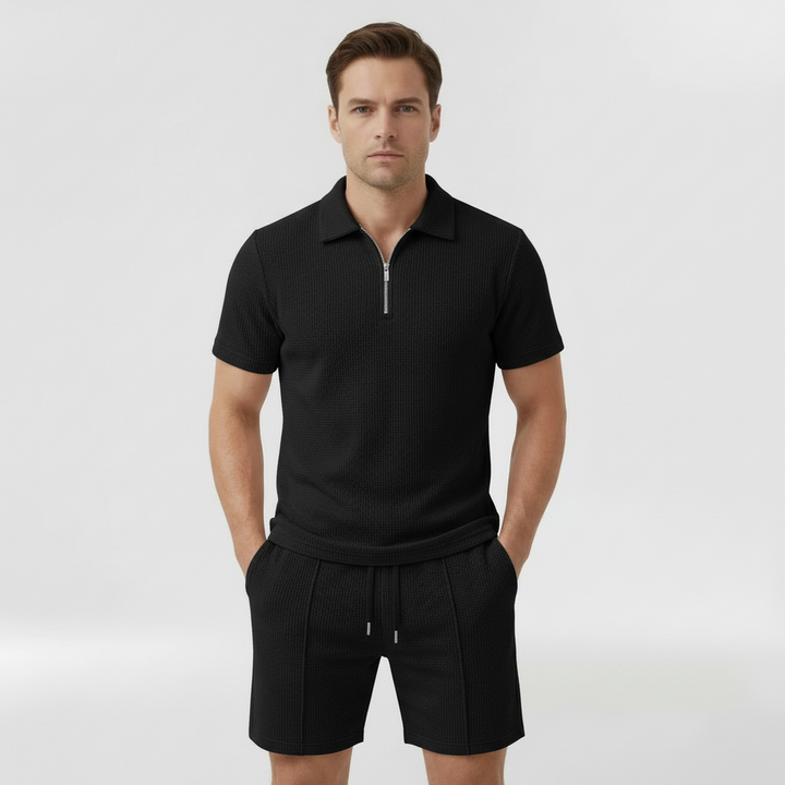 Men's Half-Zip Polo and Shorts Co-Ord Set in Waffle Knit