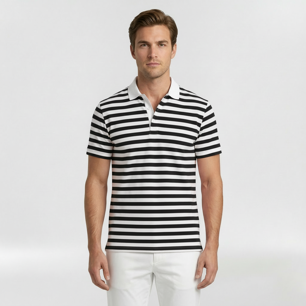Men's Striped Short Sleeve Polo Shirt with Open Collar