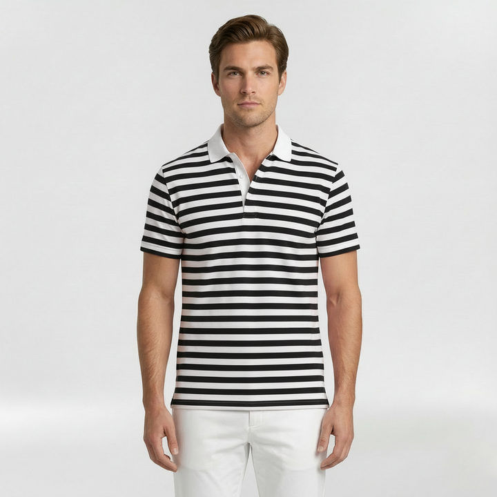 Men's Striped Short Sleeve Polo Shirt with Open Collar