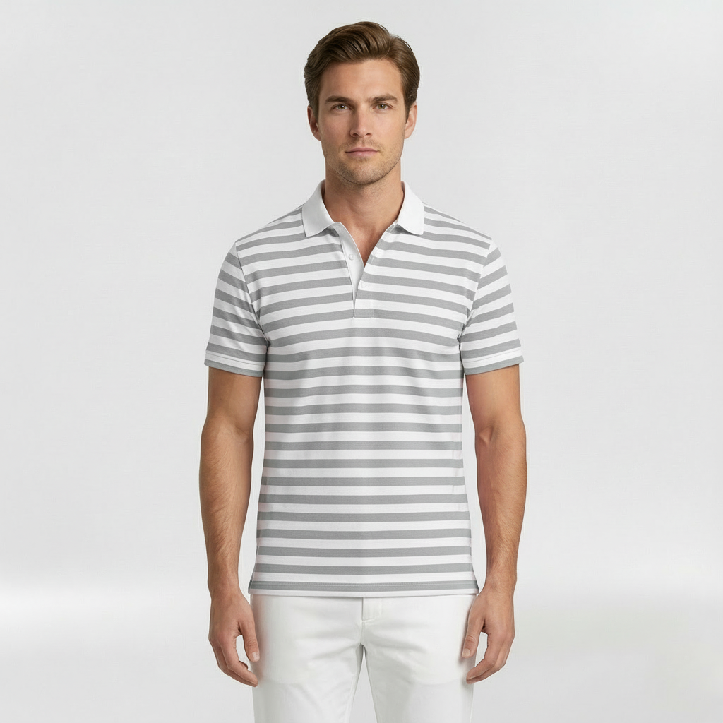 Men's Striped Short Sleeve Polo Shirt with Open Collar