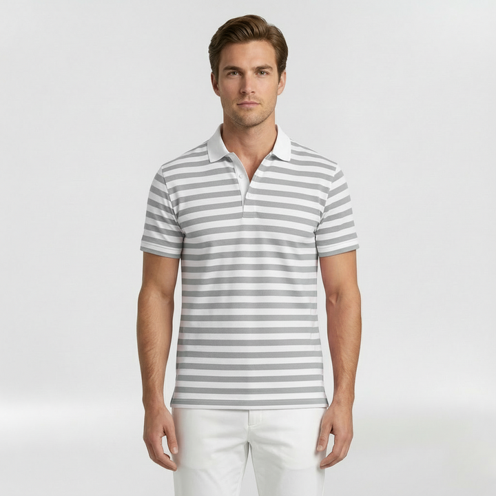 Men's Striped Short Sleeve Polo Shirt with Open Collar