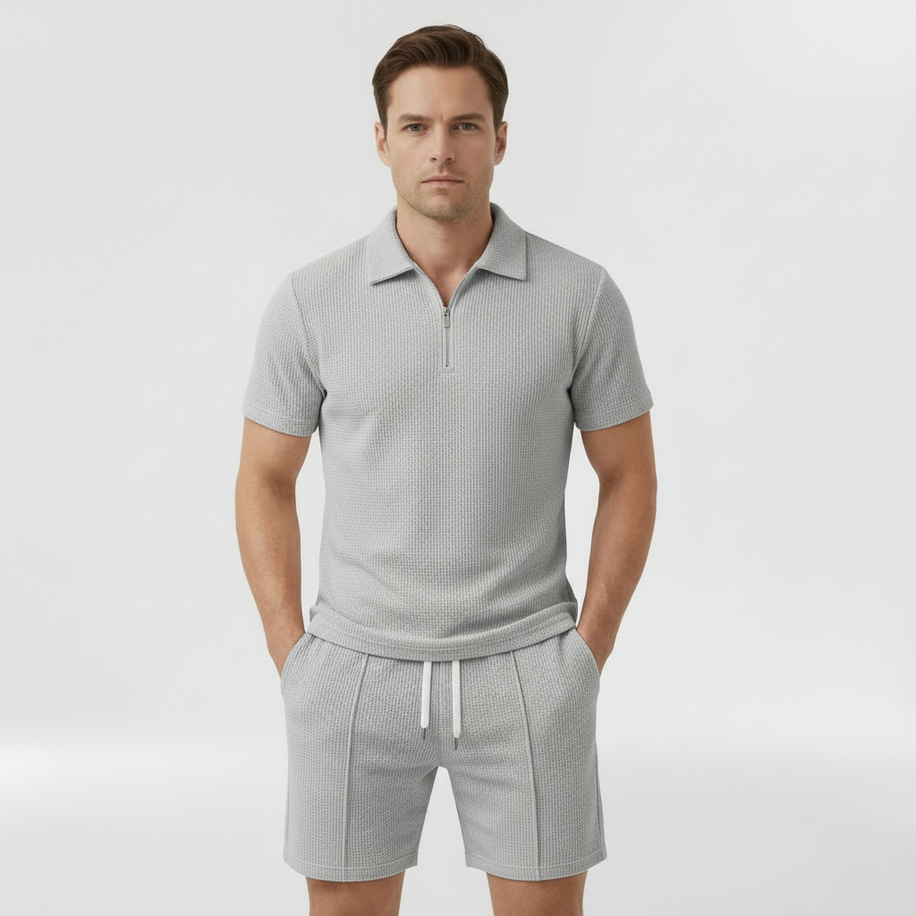 Men's Half-Zip Polo and Shorts Co-Ord Set in Waffle Knit