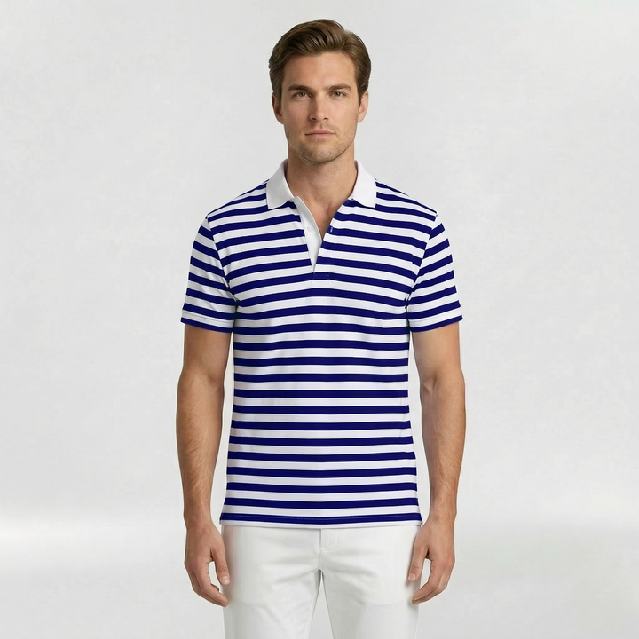 Men's Striped Short Sleeve Polo Shirt with Open Collar