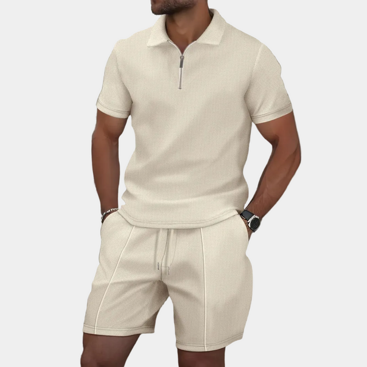 Men's Half-Zip Polo and Shorts Set in Textured Knit